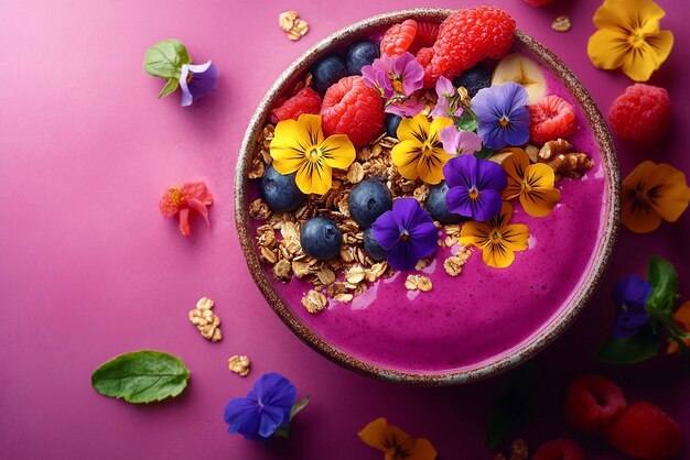 Photo smoothie bowl with edible flowers