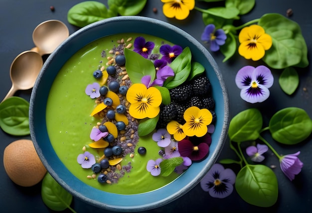 A smoothie bowl with a vibrant green color topped with blueberries chia seeds