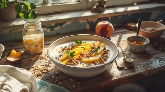 Smoothie in a deep bowl decorated with mango slices and granola crushed nuts and mint leaves with