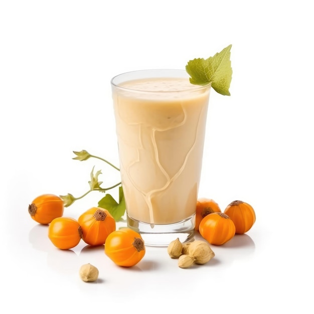 Smoothie Physalis lassi milkshake with ground cherry fruit in isolated white background studio shot