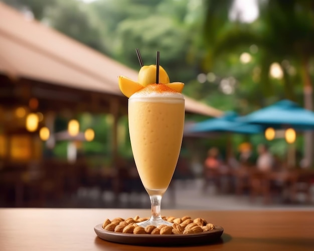 Smoothie sapota lassi milkshake with sapota fruit in studio background restaurant with garden