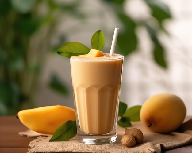 Smoothie sapota lassi milkshake with sapota fruit in studio background restaurant with garden