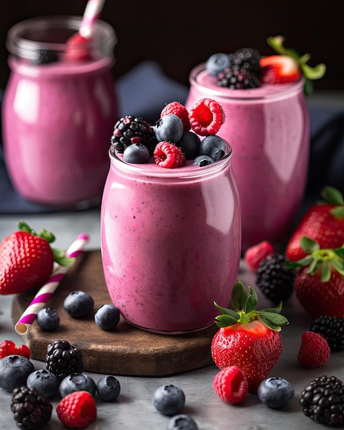 A smoothie with berries on it and a jar of blueberries on a wooden board.