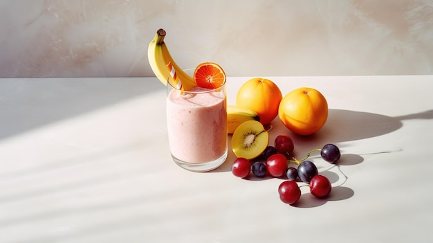 A smoothie with fruit on the table