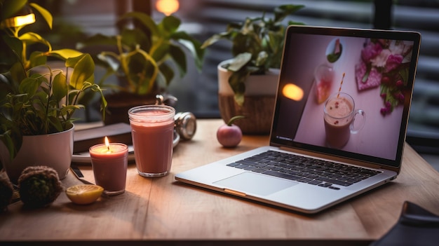 Smoothie with laptop on the table Generative AI