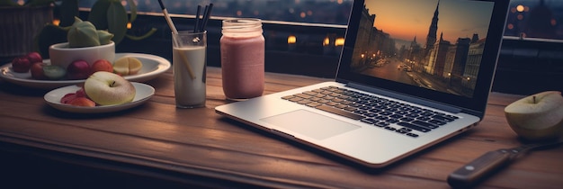 Smoothie with laptop on the table Generative AI