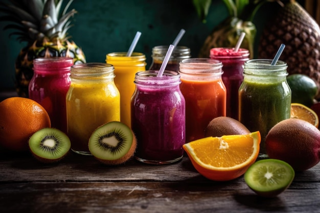 Smoothies and juices made from a variety of fresh fruits from the tropics Generative AI