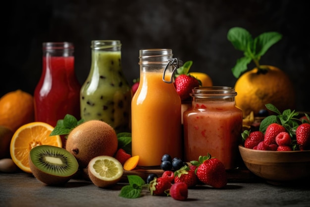 Smoothies and juices made from a variety of fresh fruits from the tropics Generative AI