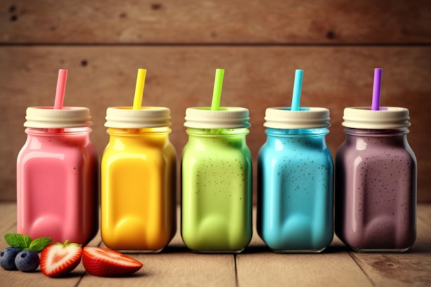 Smoothies in various colors a natural wood background and copy space