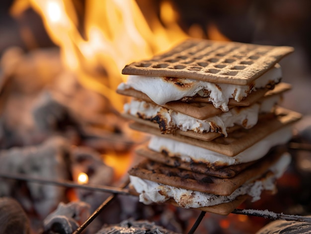 Photo smores crispy biscuits with roasted marshmallow on fire pit