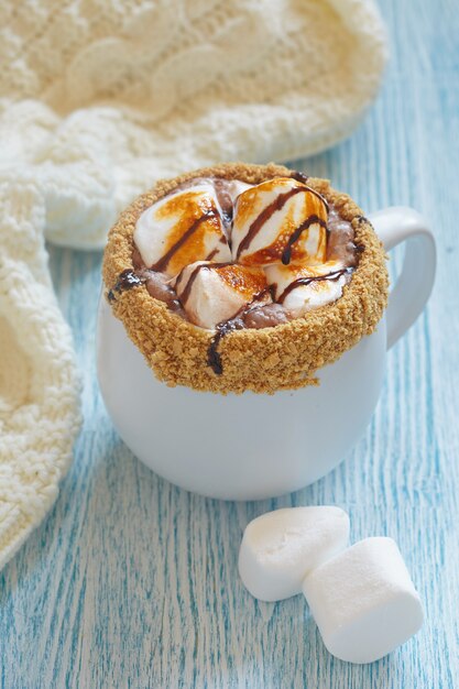 Smores hot chocolate with roasted marshmallo and graham cracker