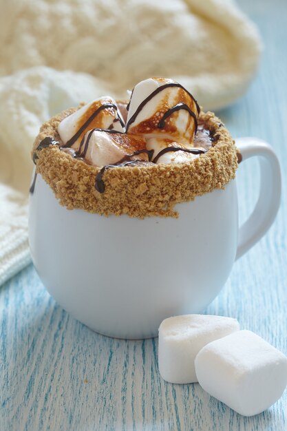 Smores hot chocolate with roasted marshmallow and graham cracker