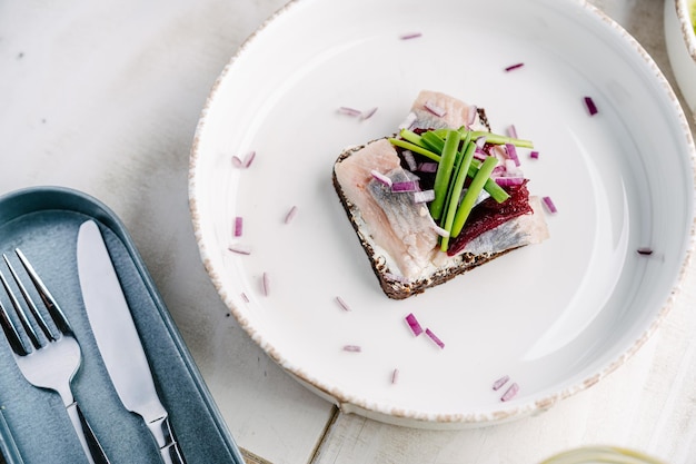 Smorrebrod a Danish open sandwich with herring and onions