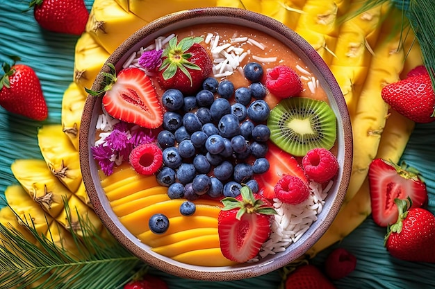 Photo smothie bowl with fruits and nuts on top healthy breakfast