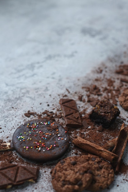 Snack and food made from processed chocolate isolated on gray background.