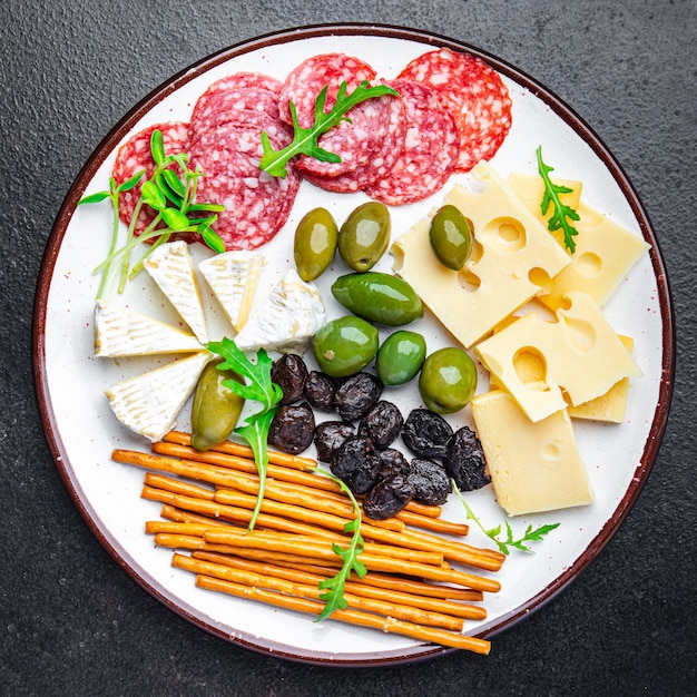 Snack plate cheese sausage olive bread stick fresh appetizer healthy meal food diet snack