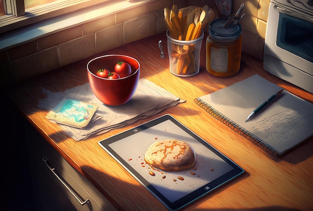 Snack plates and an iPad on a kitchen desk