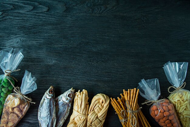 Snacks for beer, nuts and crackers. Beer snacks are packed in cellophane. 