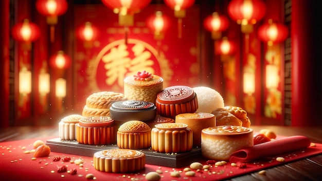 Snacks offered during the Chinese New Year festival Red tone background AI Generate image