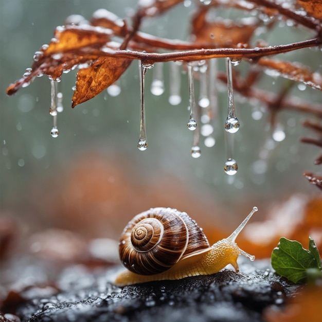 a snail on the autumn leaves covered in rain drops in the rain