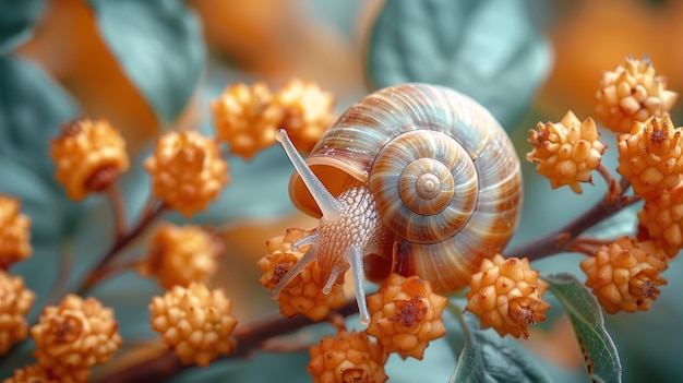 Snail on a Branch with Buds