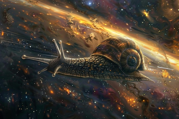 a snail flying through space with a space ship in the background