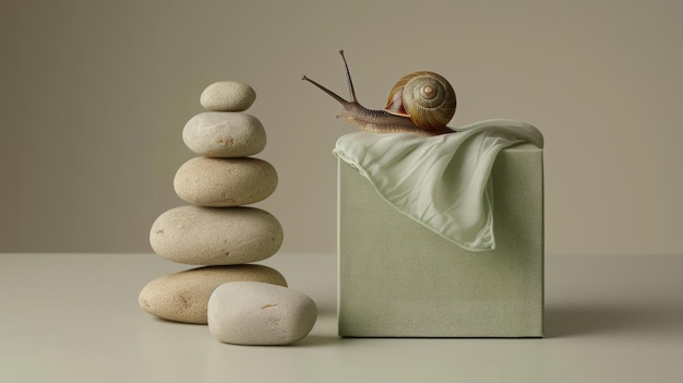 Snail on a green box next to a stack of smooth stones Zenlike minimalist nature photo