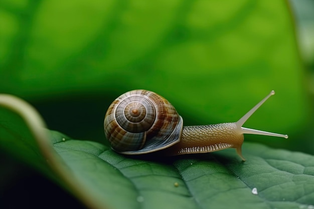 A snail on a green leaf