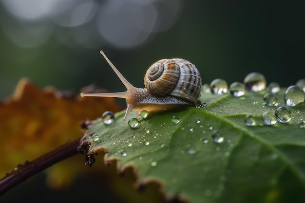 A snail on a green leaf