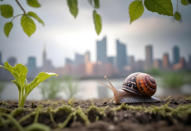 a snail is crawling through a garden with city in the background