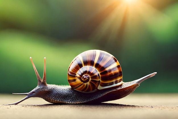 A snail is on the ground with a green background.