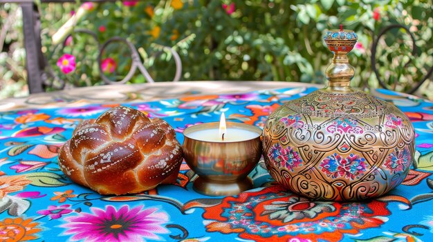 Photo a snail is sitting on a table with a candle in the middle