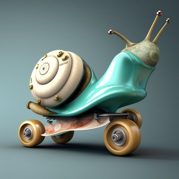 A snail is on a skateboard with a blue shell.