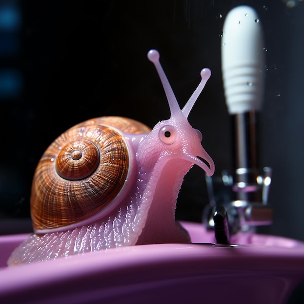 a snail is on a toothbrush in a sink