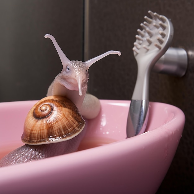 a snail is on a toothbrush in a sink