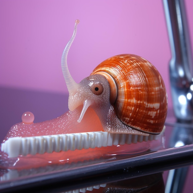 a snail is on a toothbrush in a sink