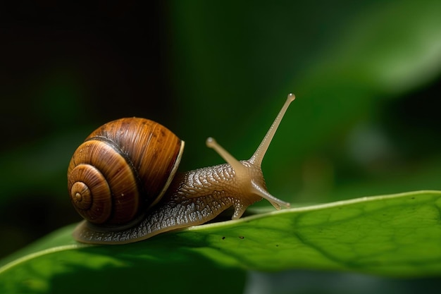 A snail on a leaf is seen in this undated photo.