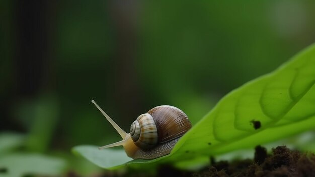 Photo a snail on a leaf with a green leaf in the background back view macro shot