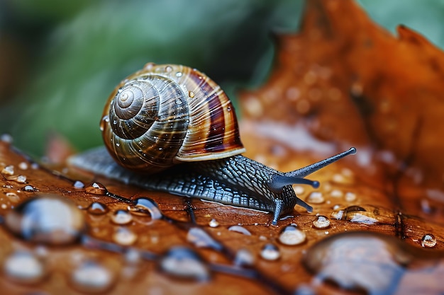 Photo a snail on a leaf with water drops