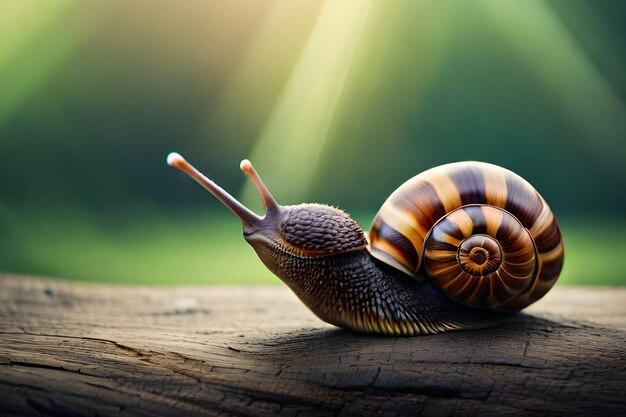 A snail on a log with a blurred background