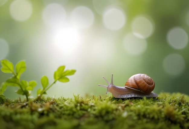 snail on a mossy log with the sun shining through the leaves