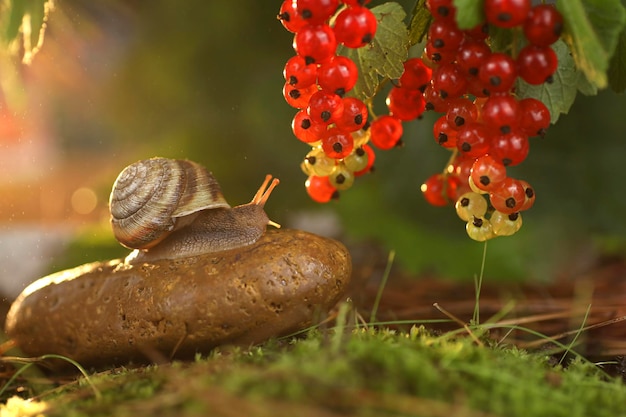 the snail sitting on the stone reaches for the berries of red currants