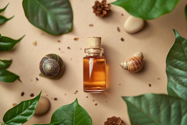 Snail slime natural cosmetic vial and cream jars plants on beige background with flowers still life copy space top view