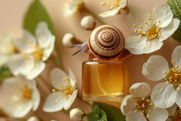 Snail slime natural cosmetic vial and cream jars plants on beige background with flowers still life copy space top view