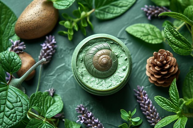 Snail slime natural cosmetic vial and cream jars plants on green background with leaves still life copy space top view