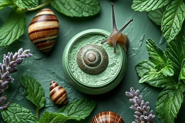 Snail slime natural cosmetic vial and cream jars plants on green background with leaves still life copy space top view