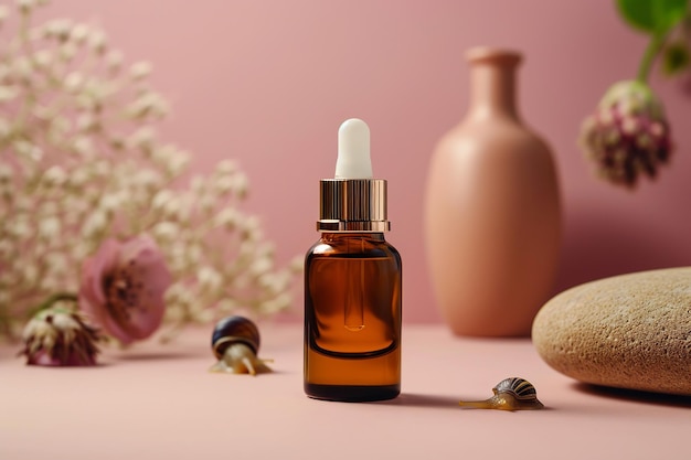 Snail slime natural cosmetic vial and cream jars plants on pink background still life copy space