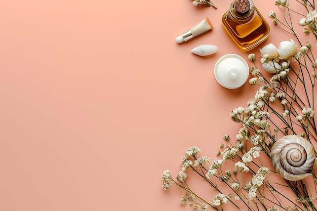 Snail slime natural cosmetic vial and cream jars plants on pink background with flowers still life copy space top view