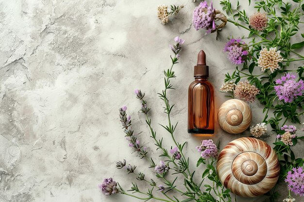 Snail slime natural cosmetic vial and cream jars plants on white background still life copy space top view