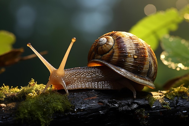 a snail walking on a tree branch